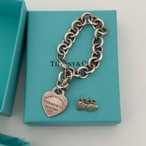 Bundle: Tiffany & Co. Silver Heart Tag Chain Bracelet + Matching Earrings